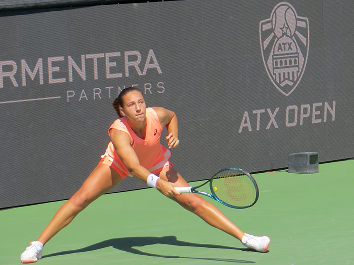Diane Parry stretches for a forehand in the semifinals of the ATX Open.