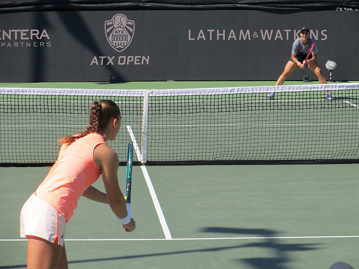 Diane Parry serves to Anhelina Kalinina in the semifinals of the ATX Open.