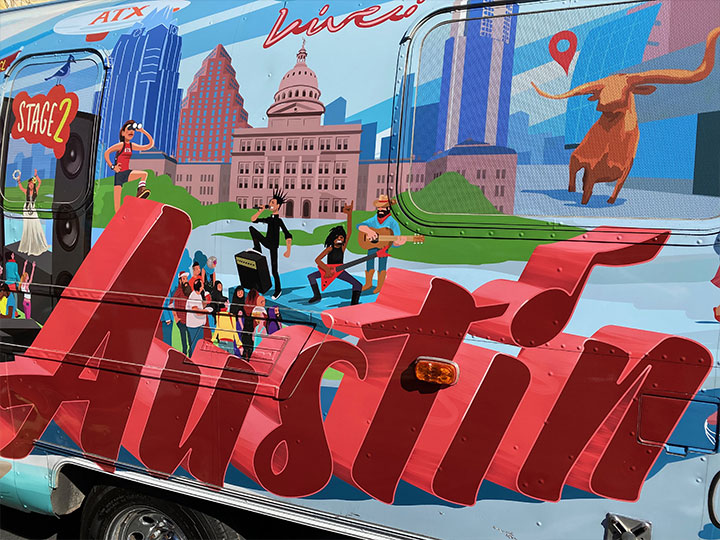 A trailer with a colorful mural celebrating the city of Austin greets fans at the entrance to the ATX Open.