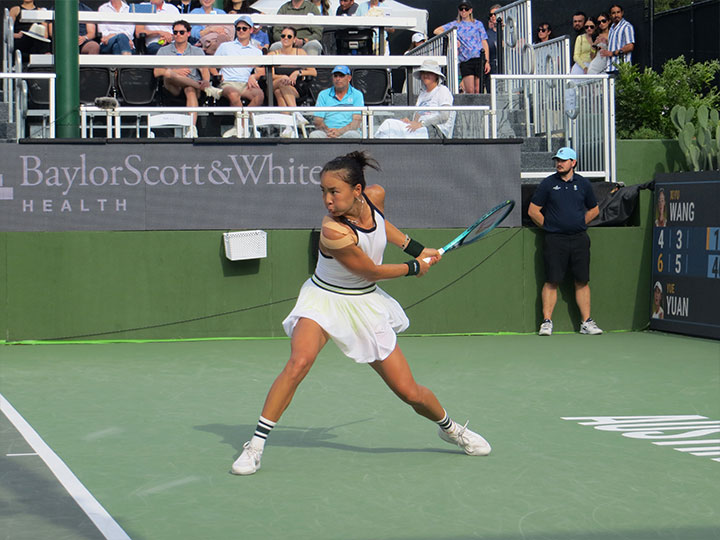 Yuan Yue rips a backhand at the ATX Open.