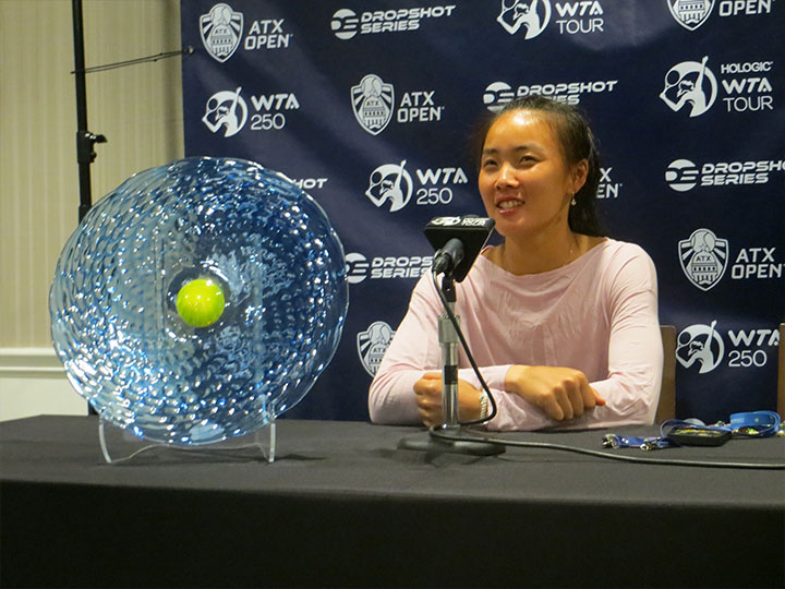 Yuan Yue speaks to the press after her ATX Open victory.