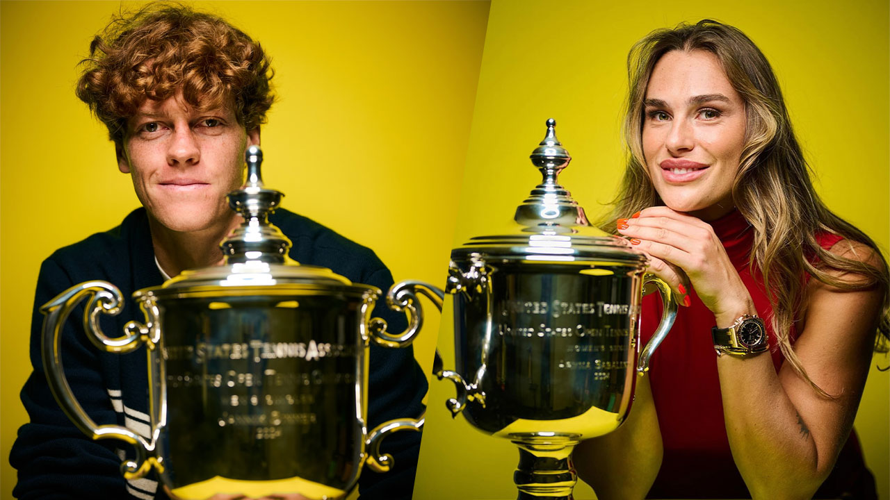 Jannik Sinner and Aryna Sabalenka with their U.S. Open trophies